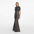 Gunmetal Rhinestone Mesh Maxi Dress
