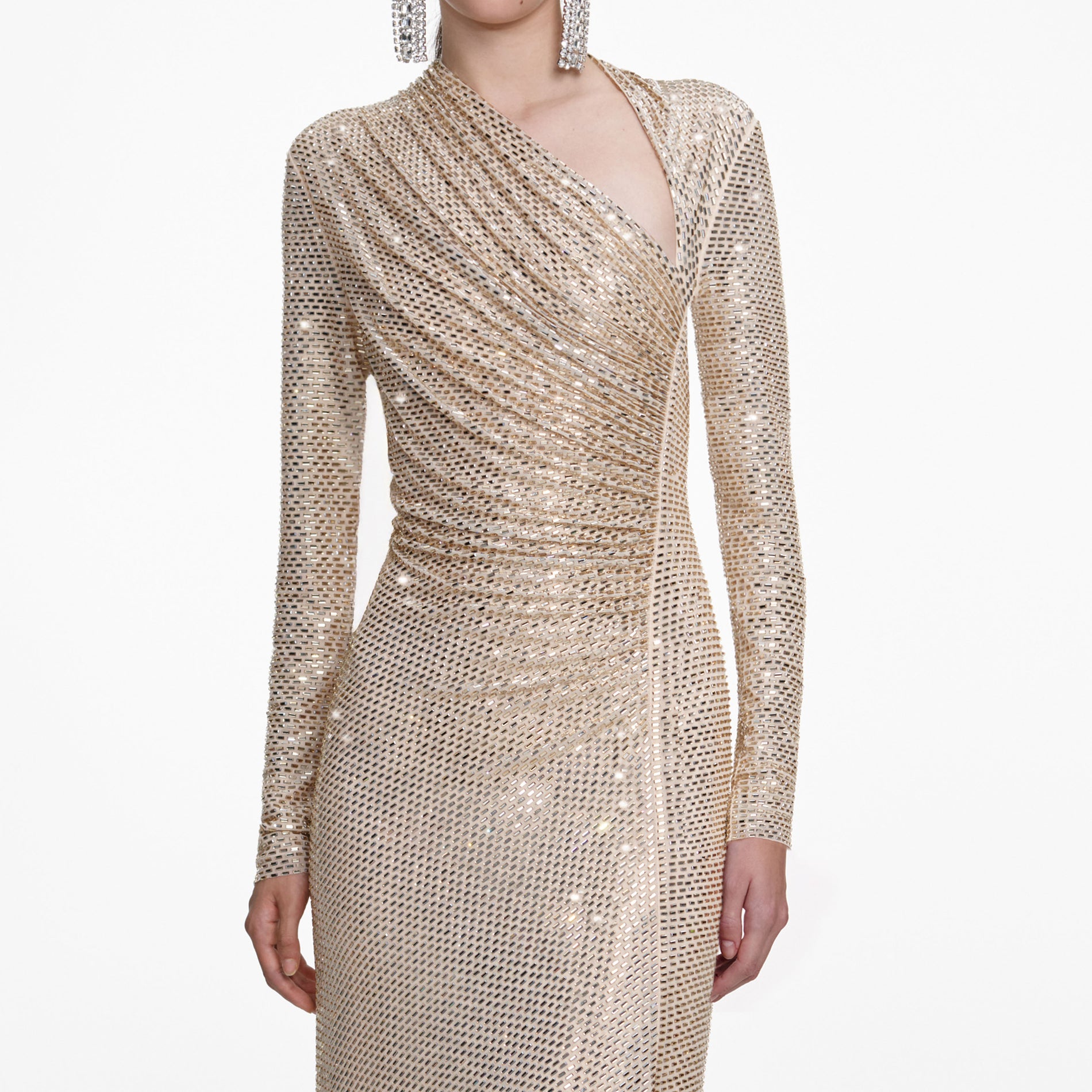Champagne Rhinestone Drape Maxi Dress