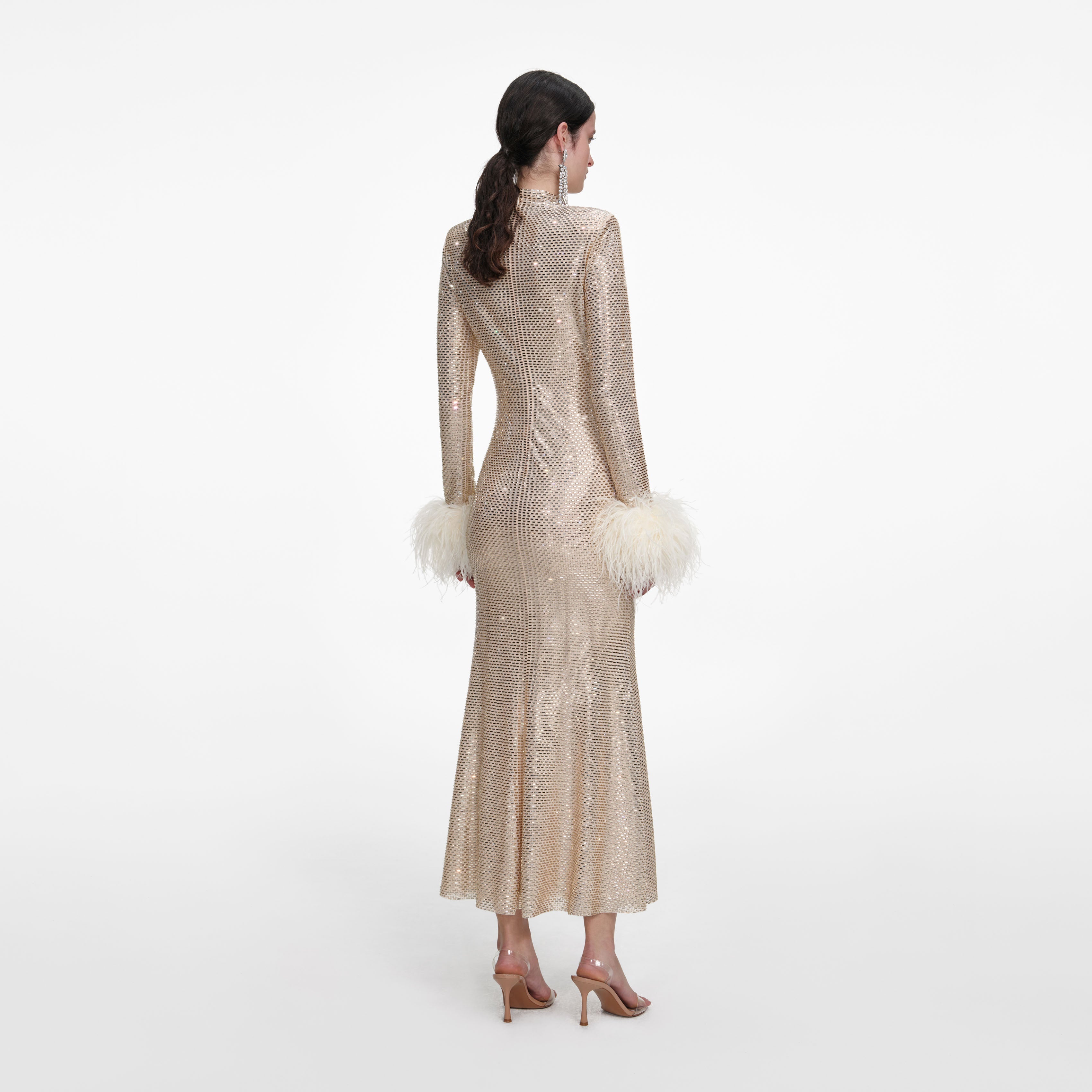 Champagne Rhinestone Feather Midi Dress