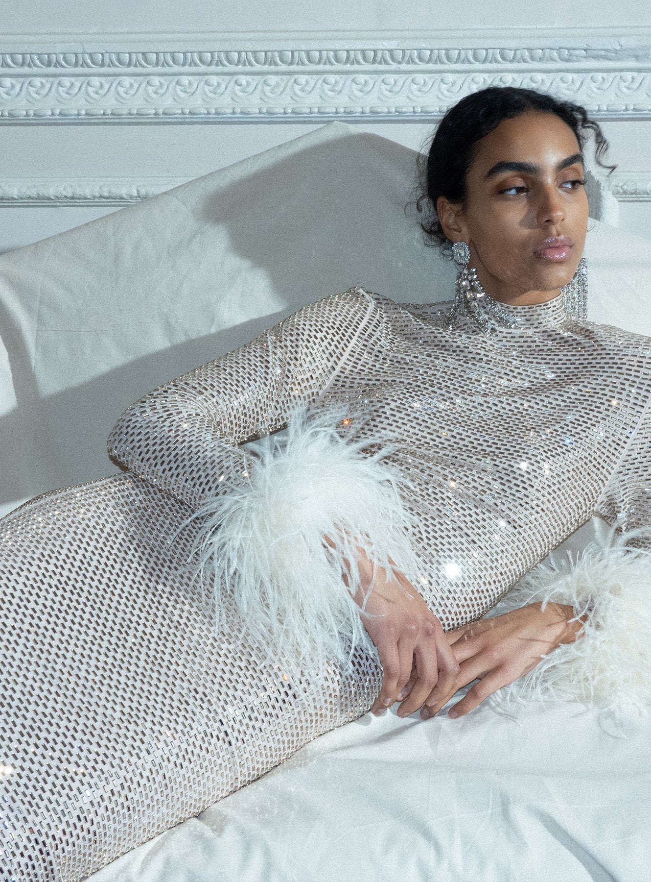 Self-Portrait - Champagne Rhinestone Feather Midi Dress