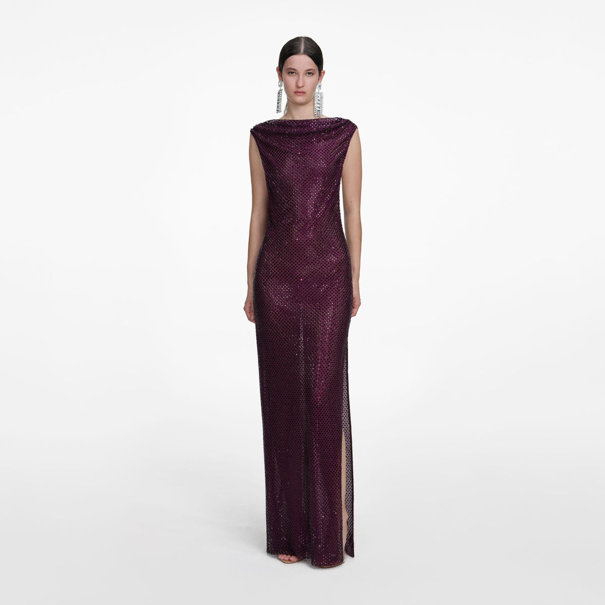 draped burgundy dress Burgundy Taffeta Off Shoulder Draped Maxi Dress – shopaleena main image 0