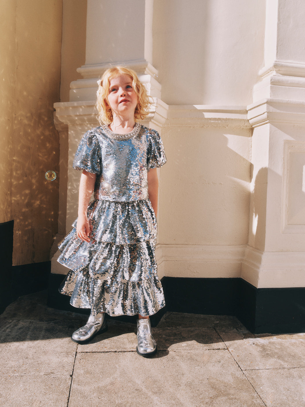 Silver Sequin Tiered Skirt