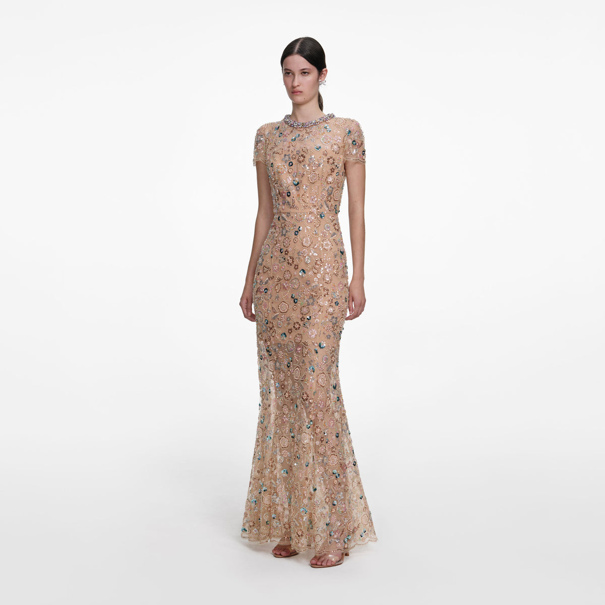 green emerald velvet dress Self-Portrait - Champagne Sequin Embroidered Maxi Dress
