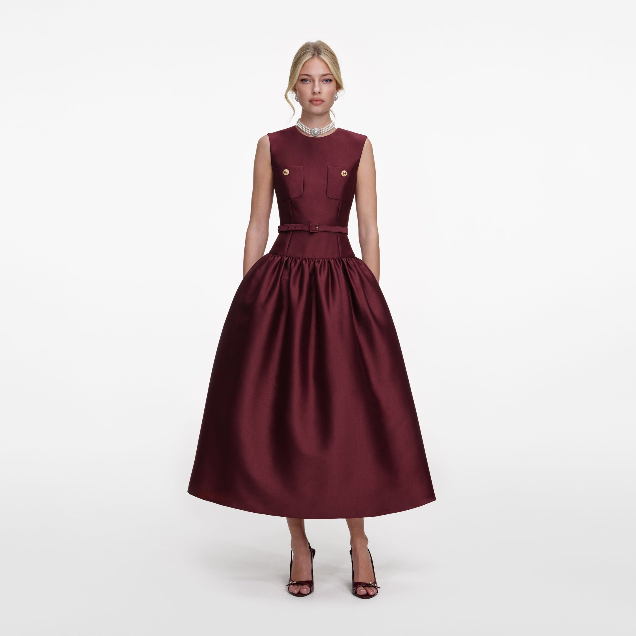Burgundy Taffeta Midi Dress – self-portrait-US