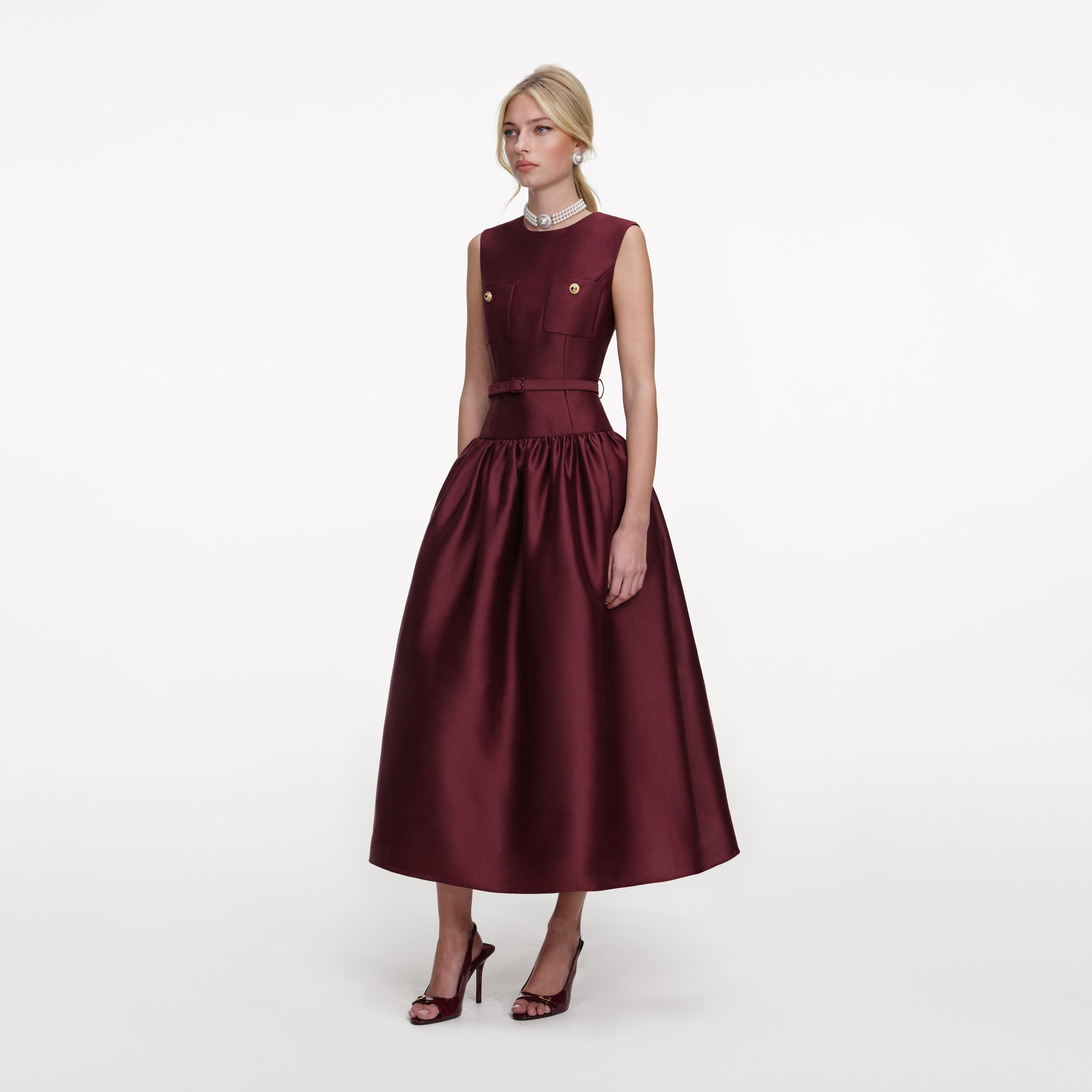 Burgundy Taffeta Midi Dress – self-portrait-US