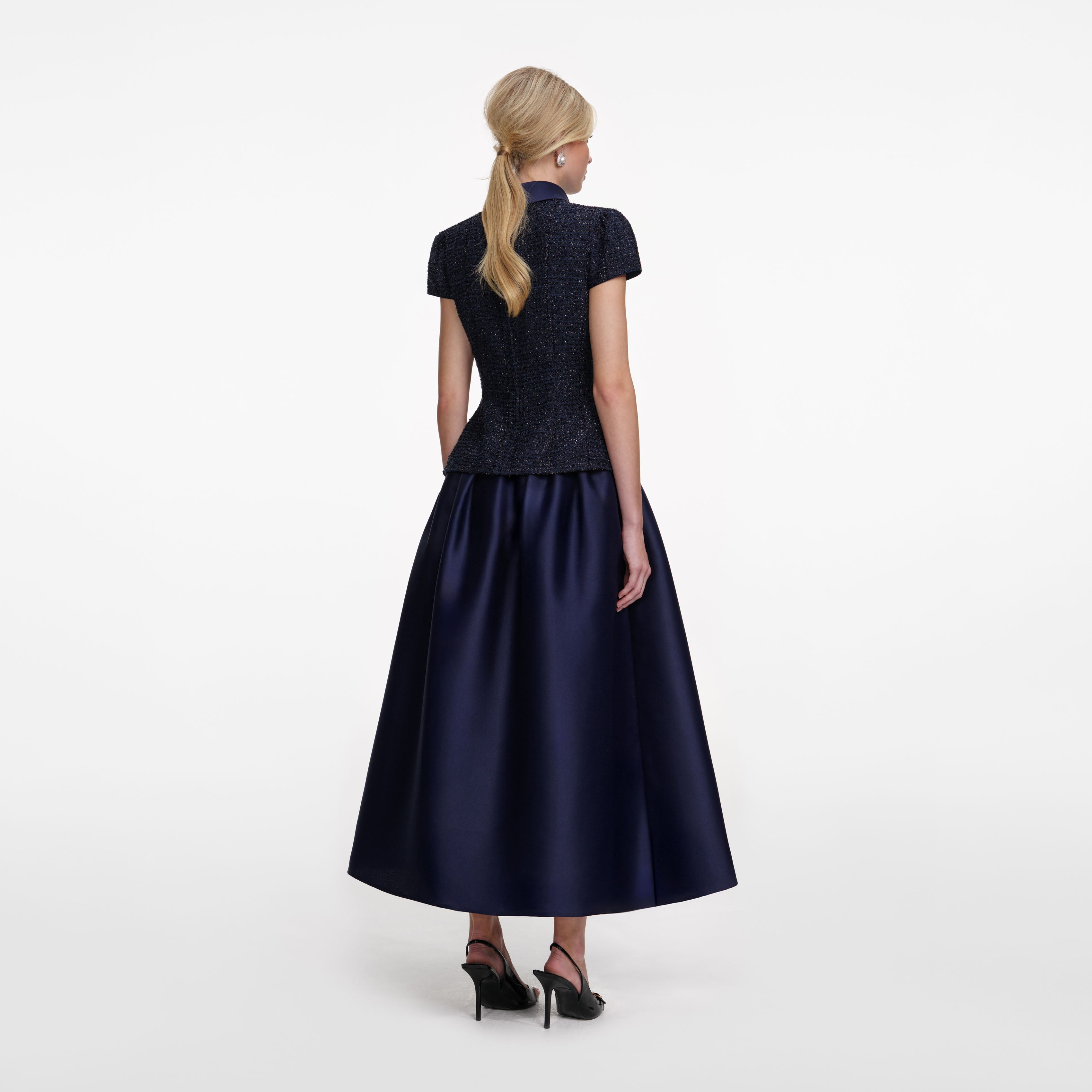 Navy Metallic Boucle Taffeta Midi Dress – self-portrait-US
