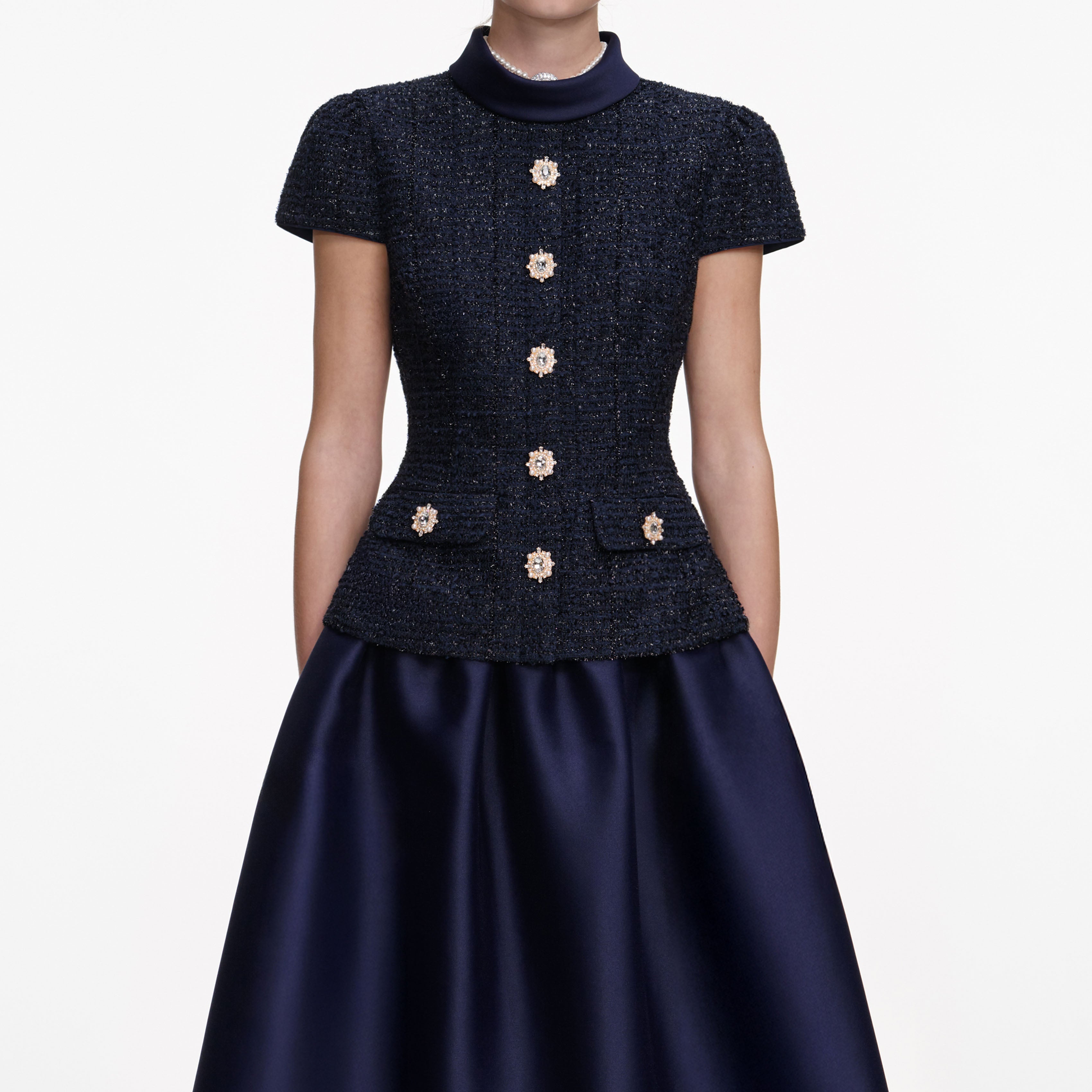 Navy Metallic Boucle Taffeta Midi Dress
