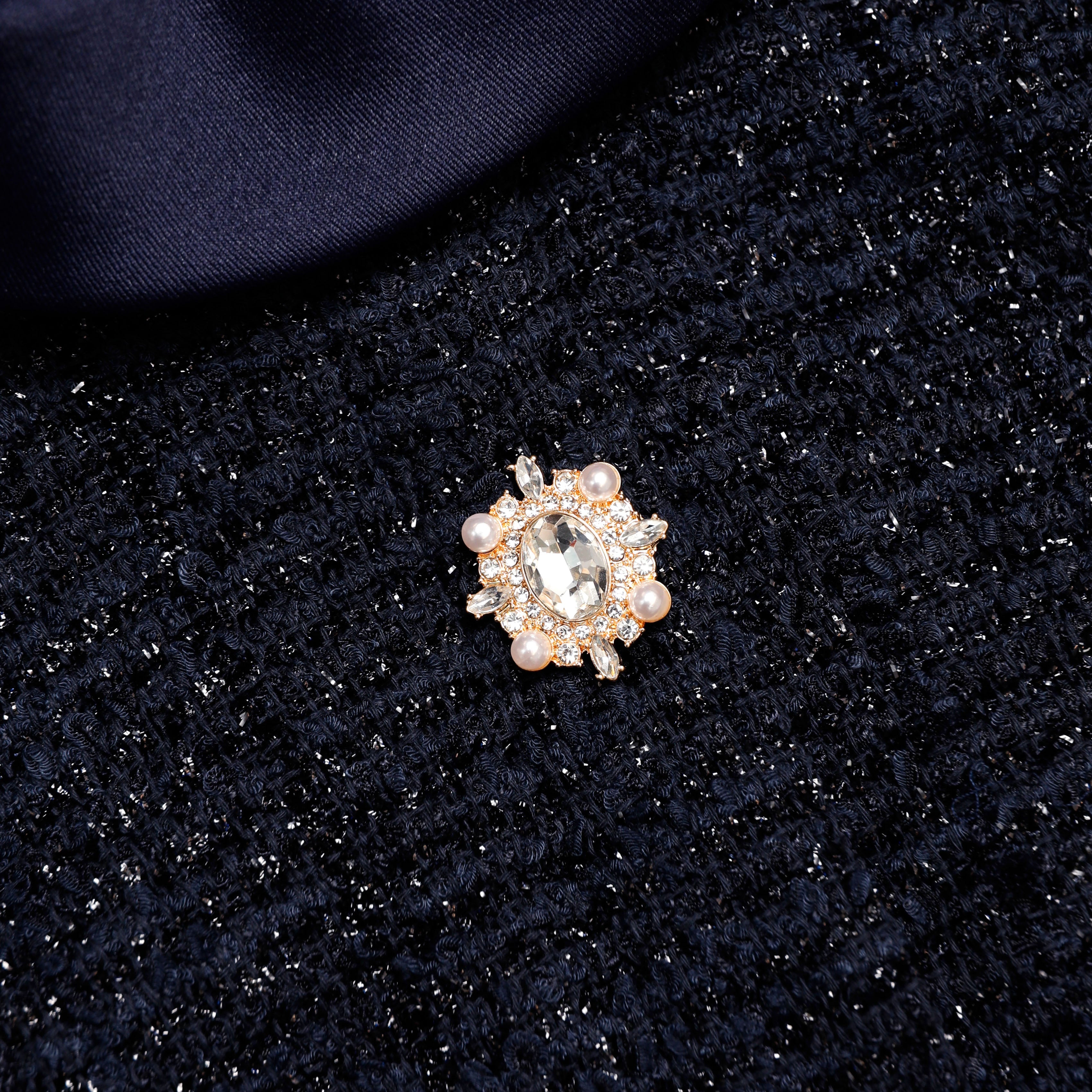 Navy Metallic Boucle Taffeta Midi Dress