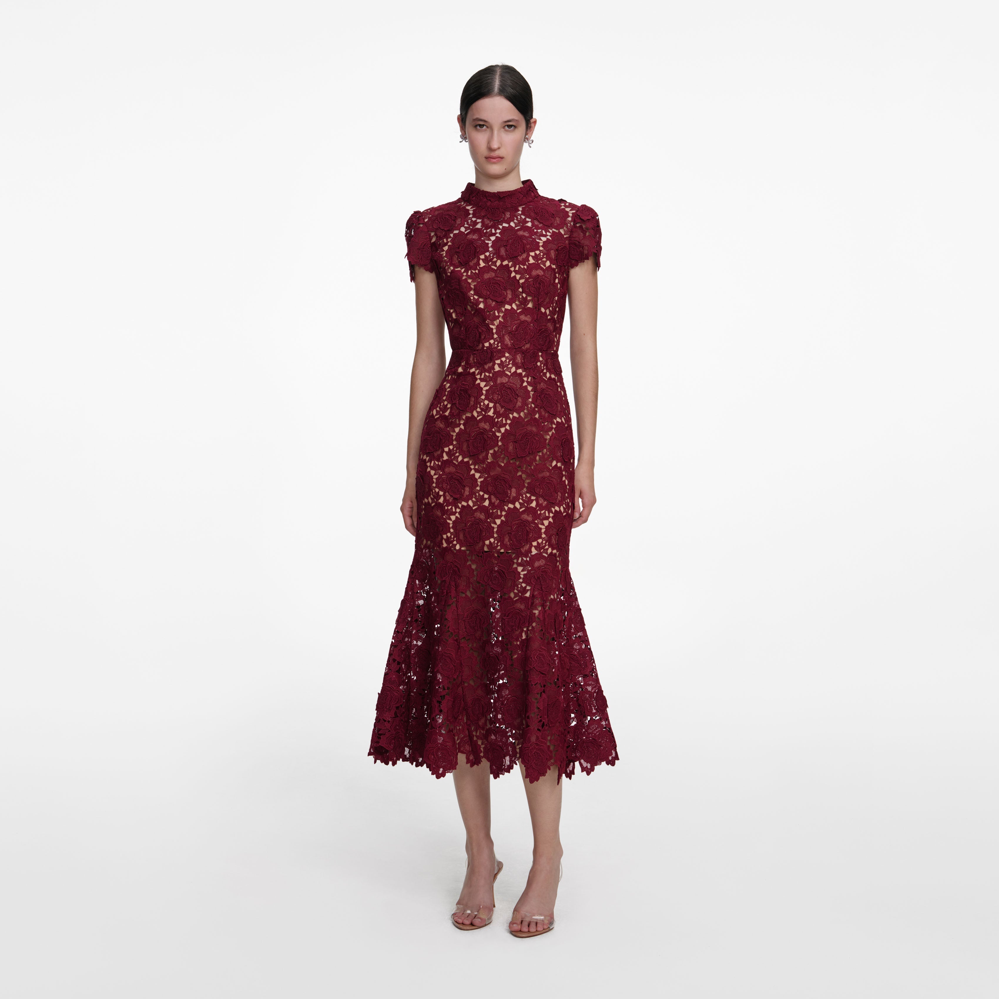 Burgundy Flower Lace Midi Dress