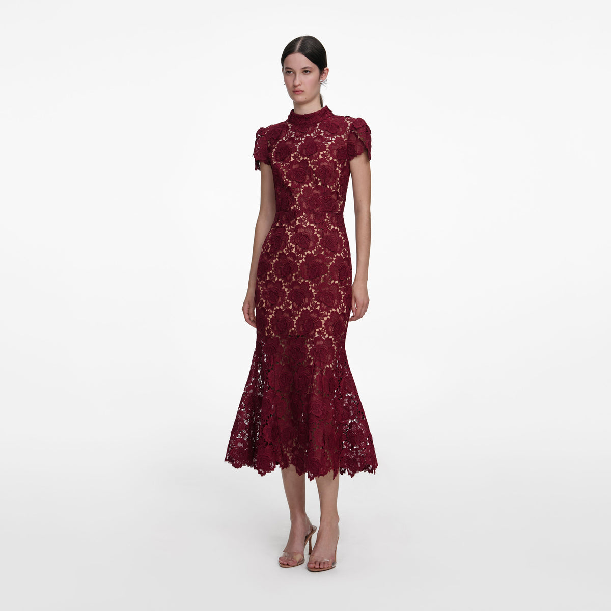 Burgundy Flower Lace Midi Dress – self-portrait-US