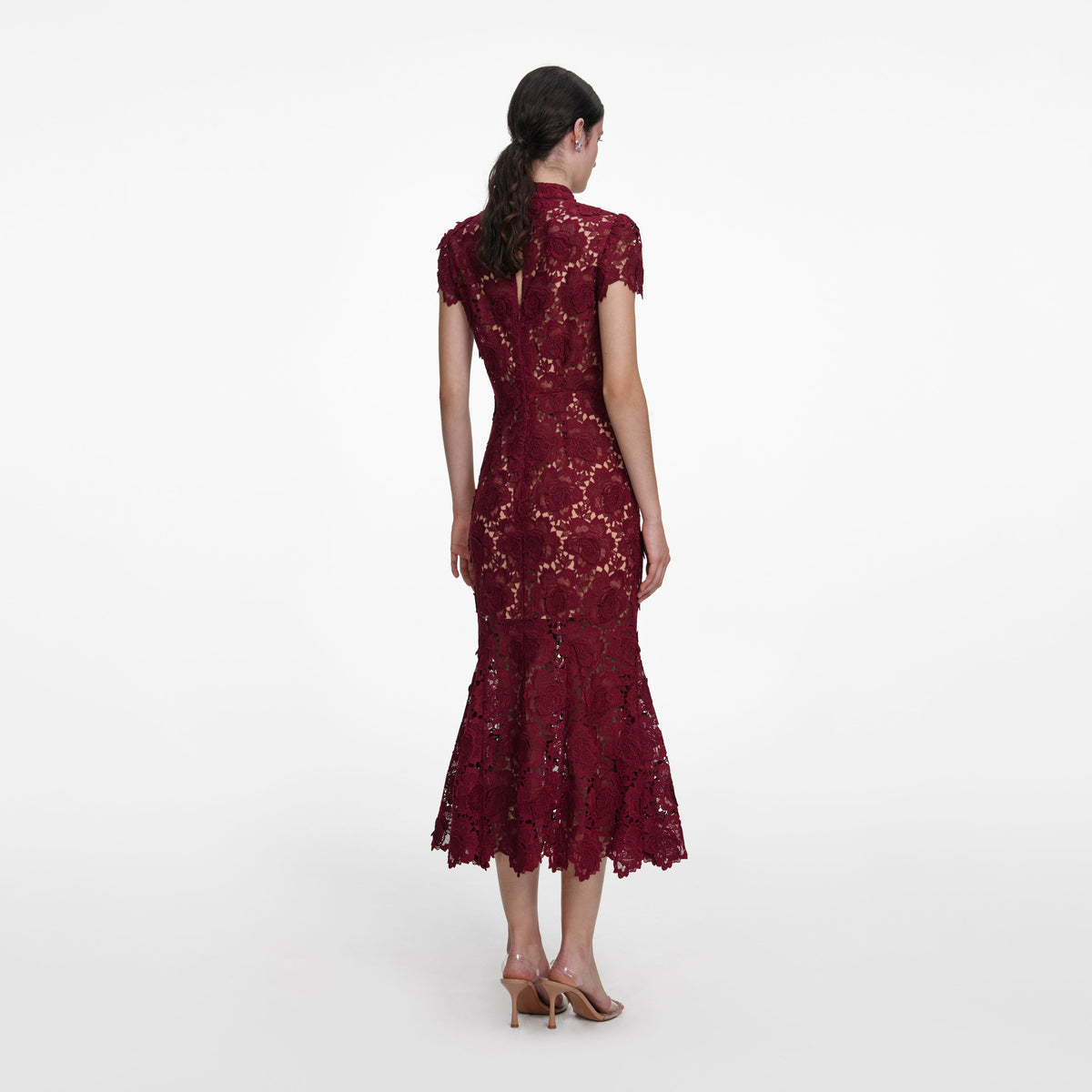 burgundy lace dress midi Burgundy Flower Lace Midi Dress – self-portrait-US