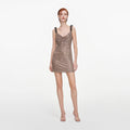 Tan Rhinestone Beaded Trim Mini Dress