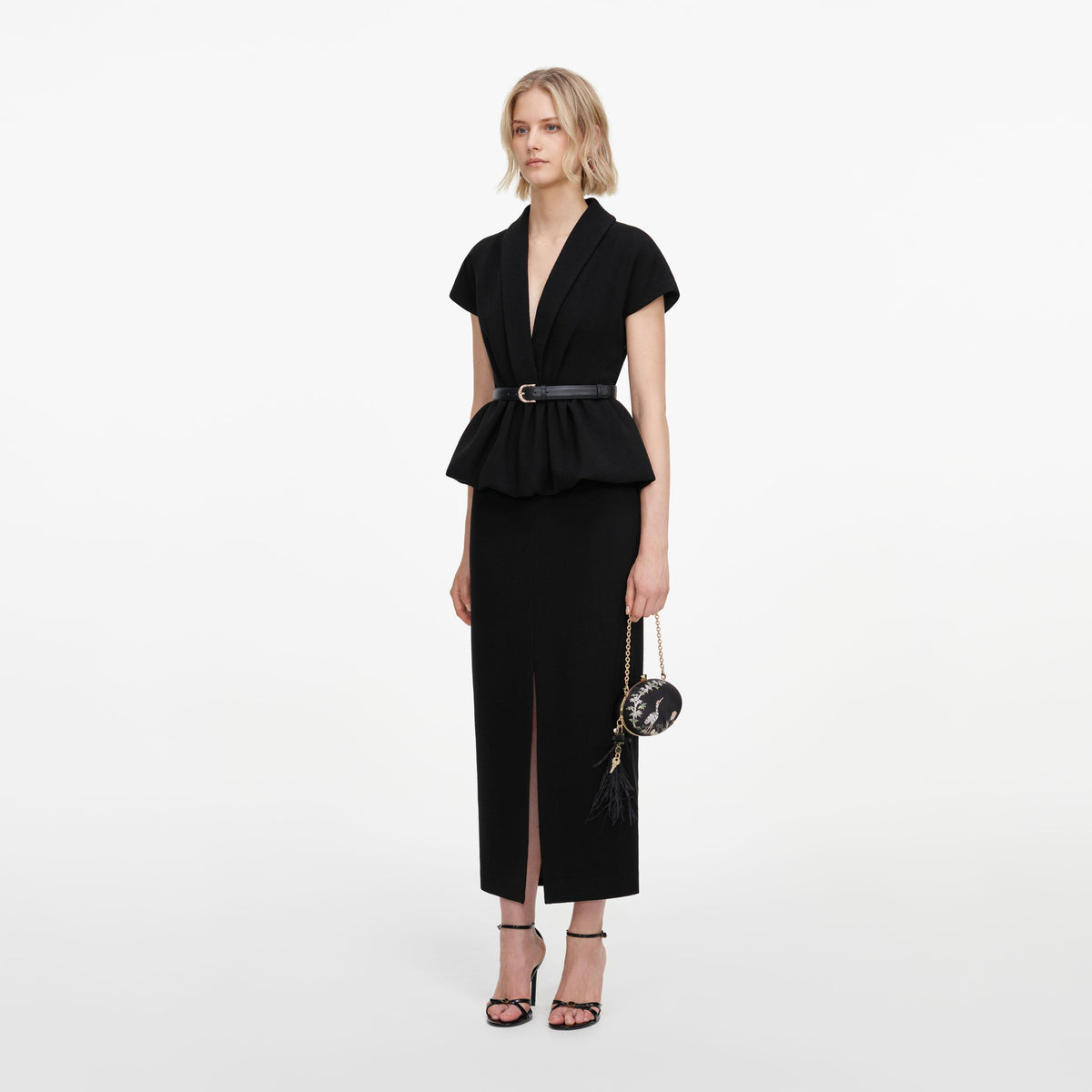 Black Crepe Peplum Midi Dress