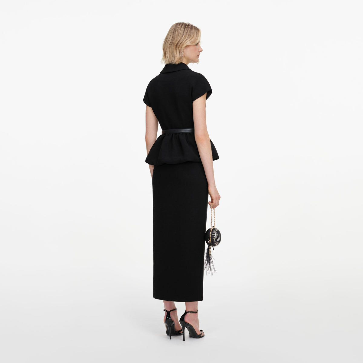 Black Crepe Peplum Midi Dress