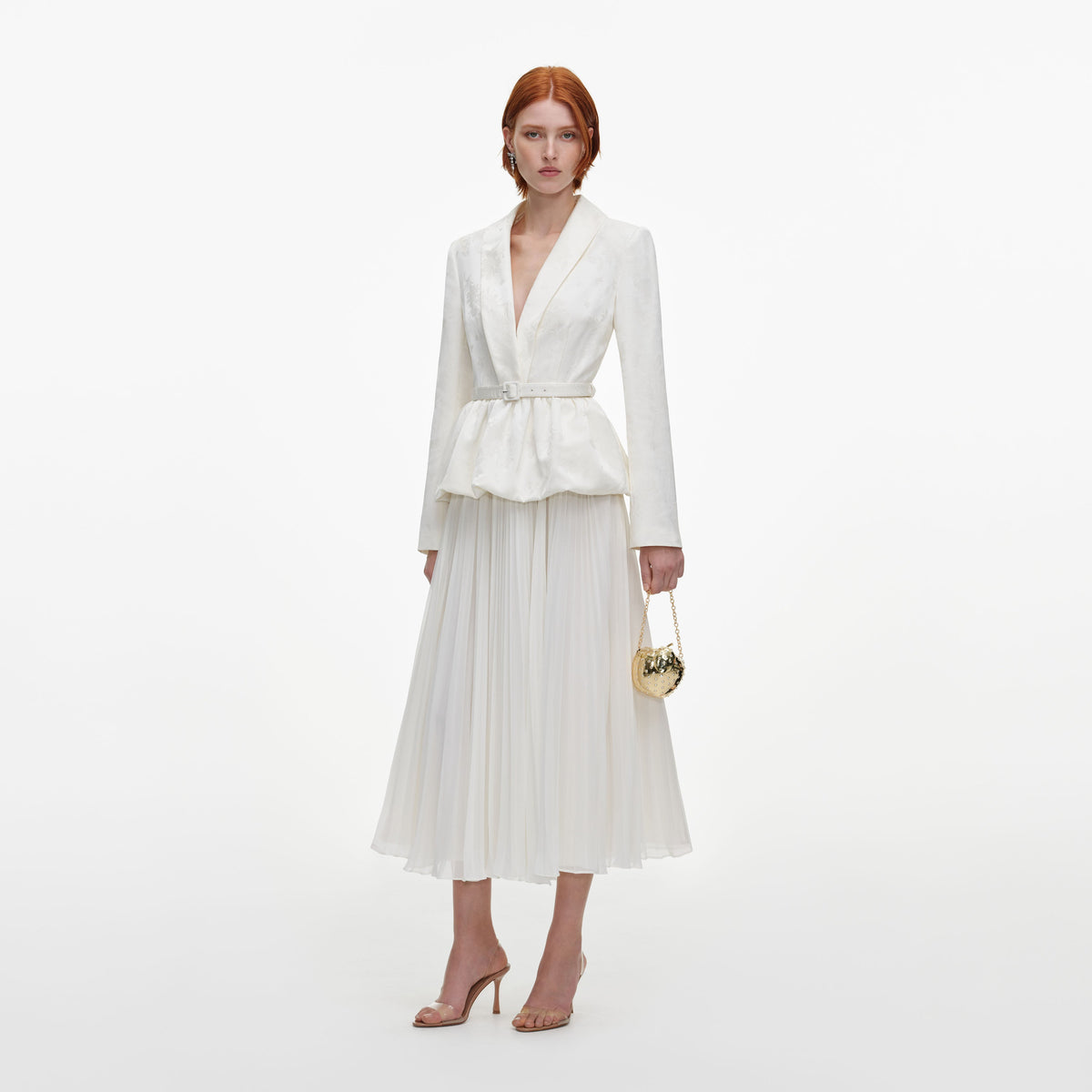 Side view of a woman wearing the Cream Jacquard Tailored Midi Dress