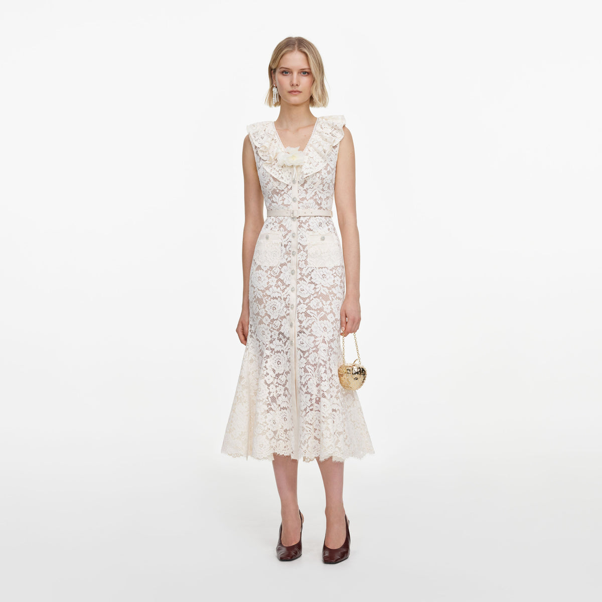 Cream Lace Flower Midi Dress