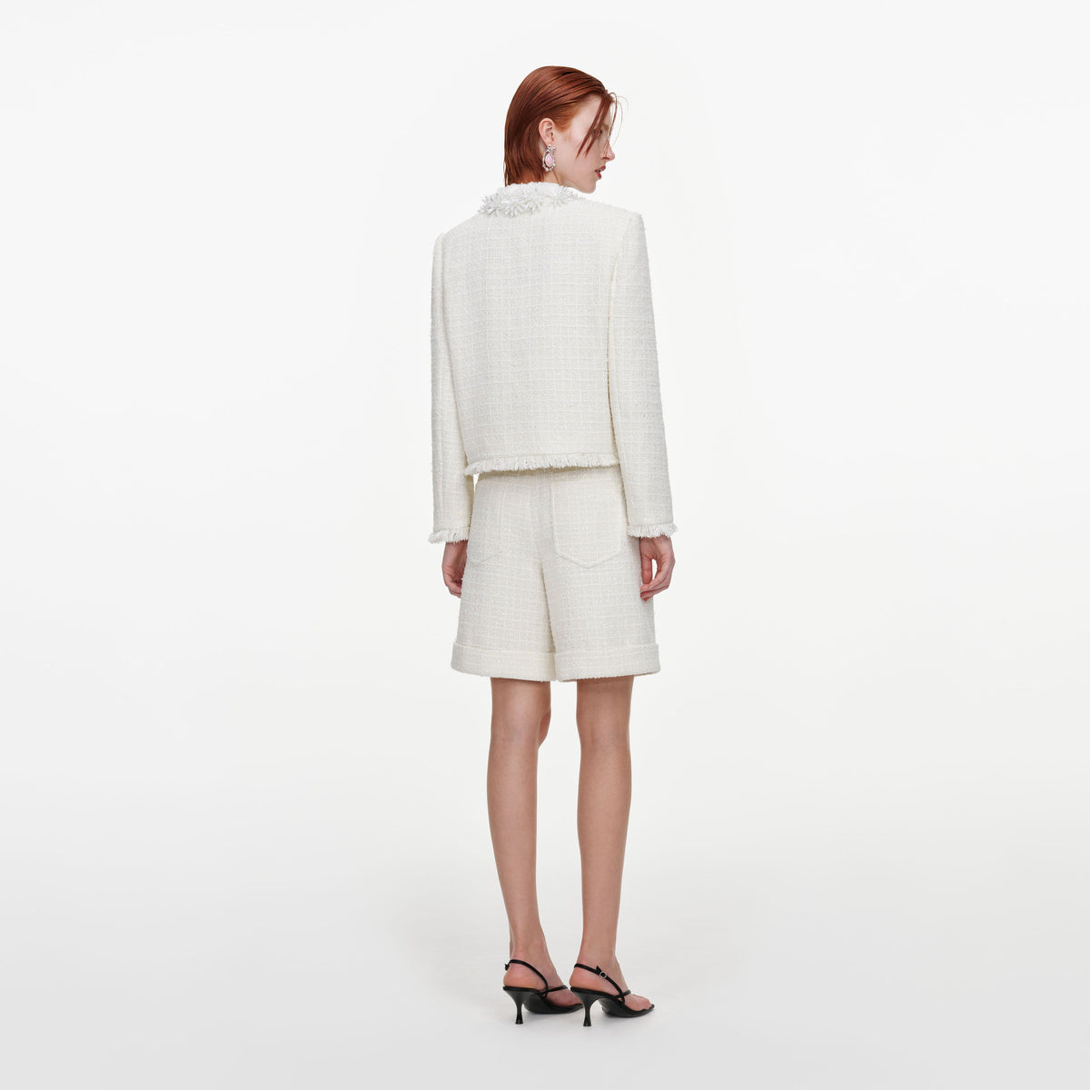 Cream Sequin Boucle Pearl Trim Jacket