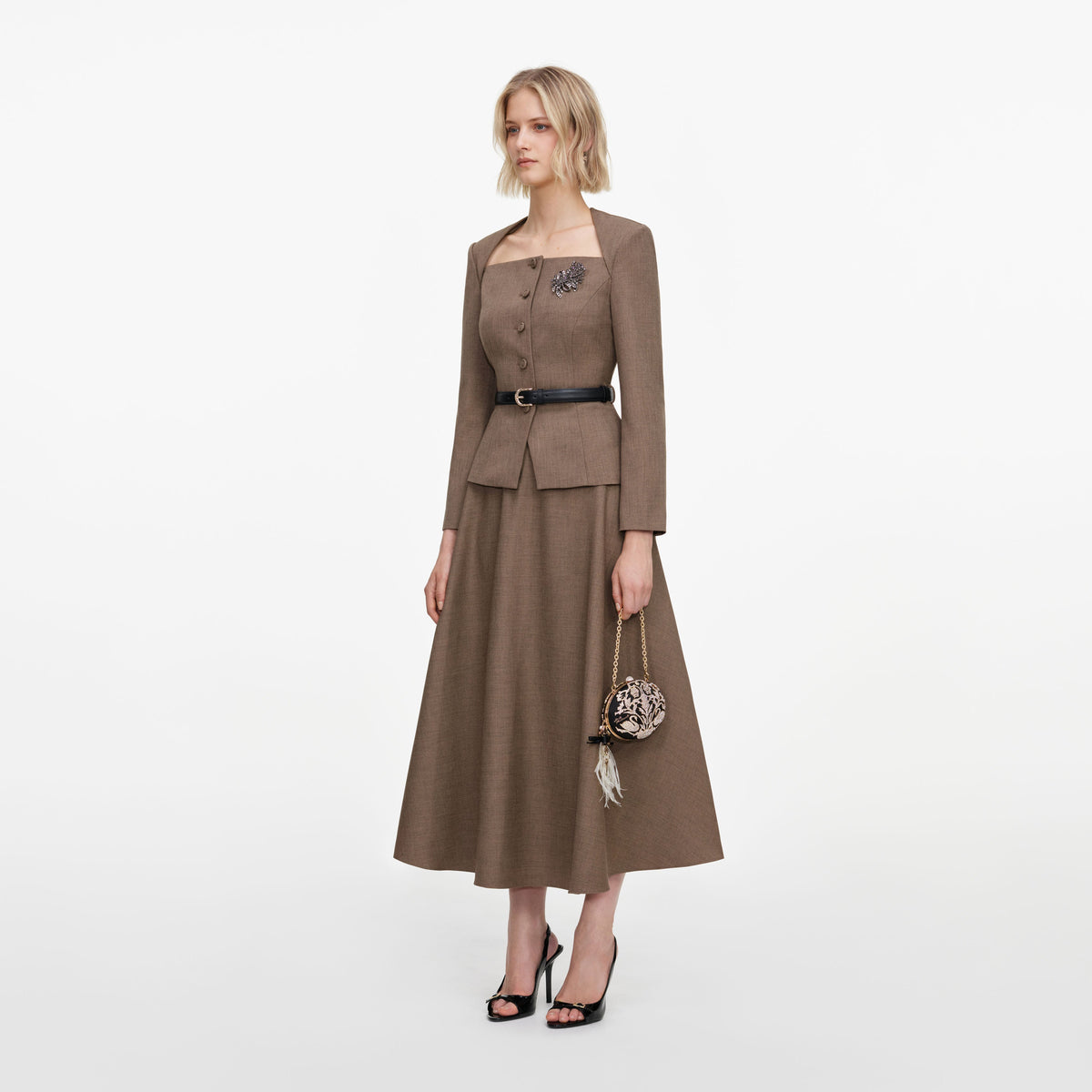 Brown Tailored Twill Midi Dress