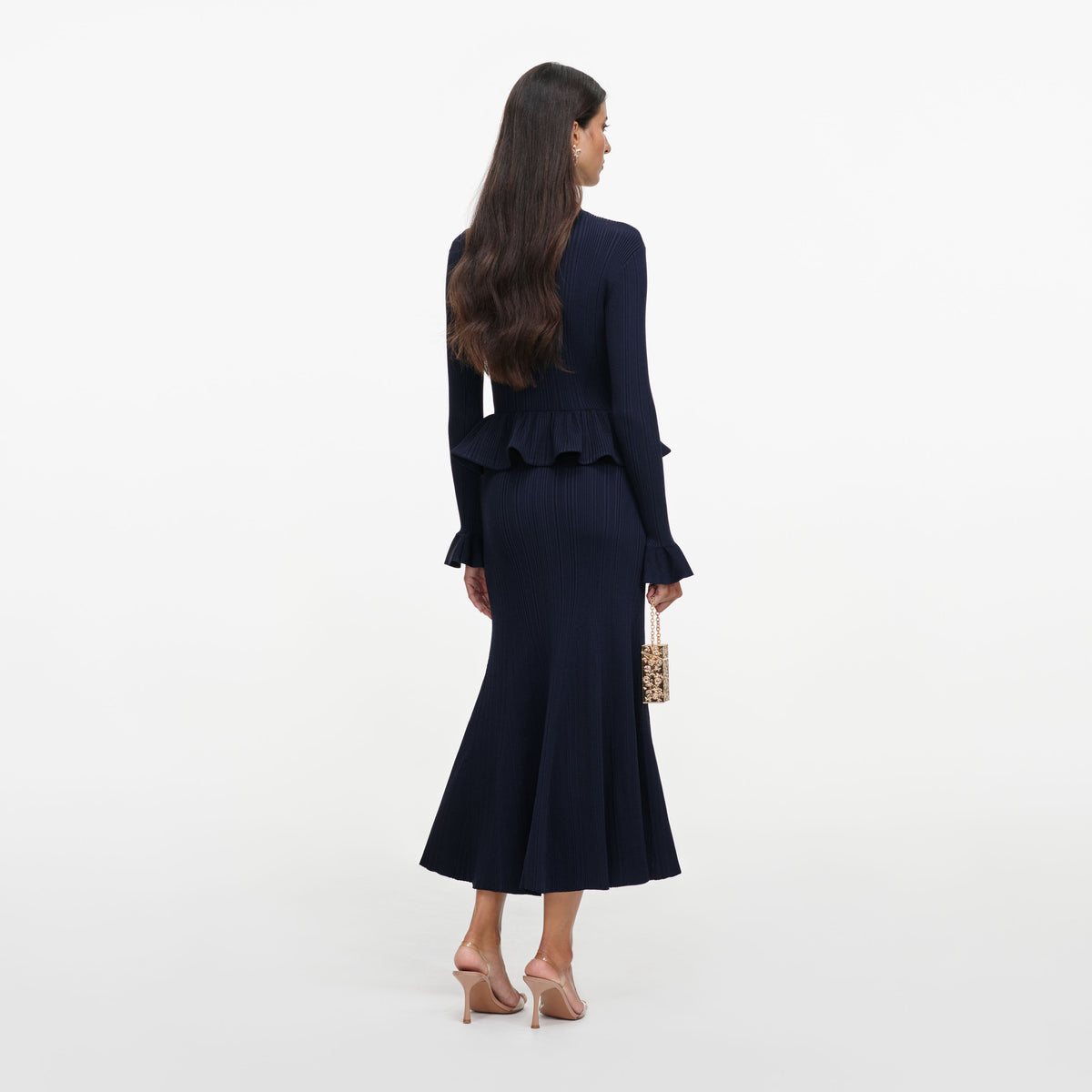 Navy Peplum Knit Midi Dress