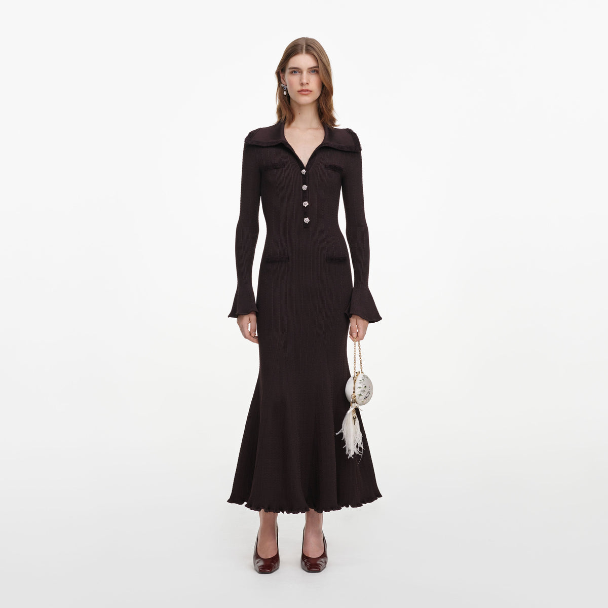 Brown Fringe Knit Midi Dress