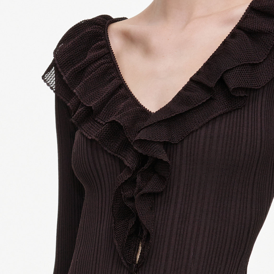 A close up of the fabric for the Brown Ruffle Knit Bodysuit