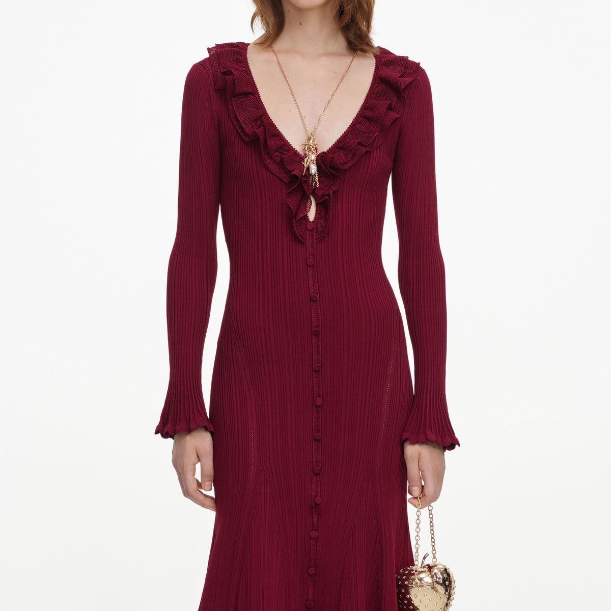 Burgundy Ruffle Knit Midi Dress