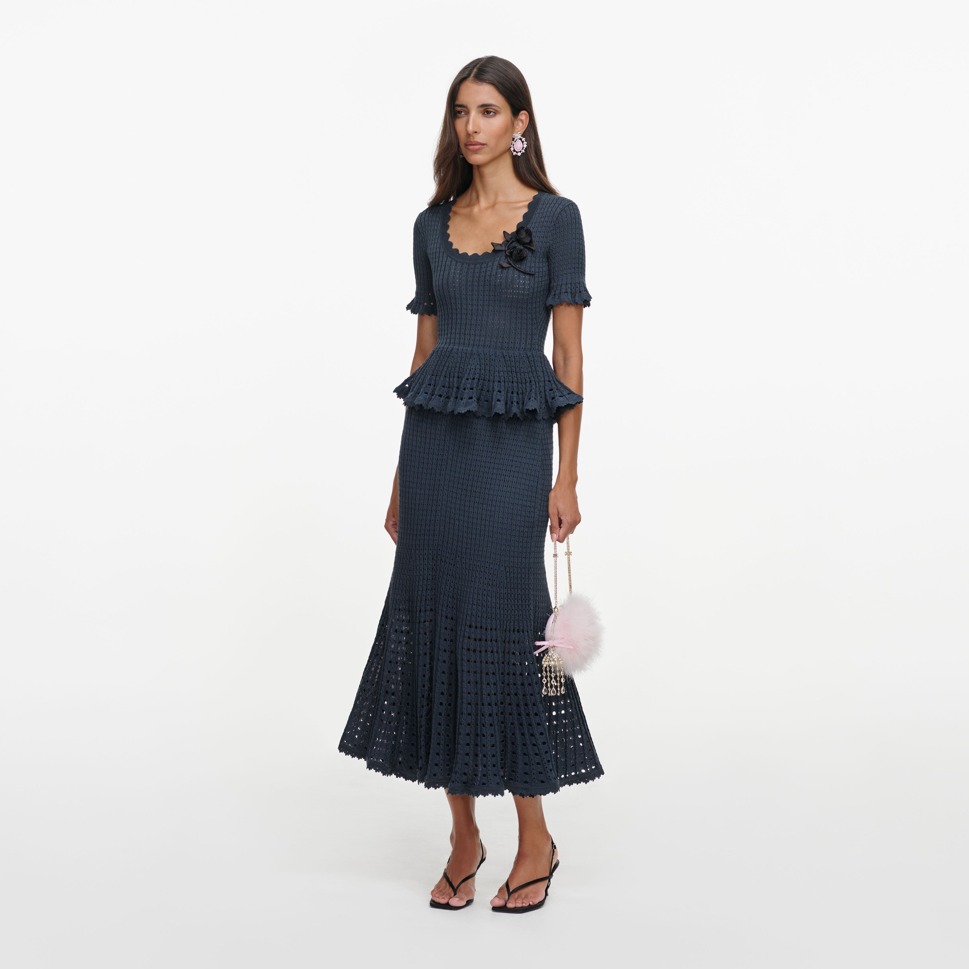 Grey Pointelle Peplum Knit Midi Dress | self-portrait – self