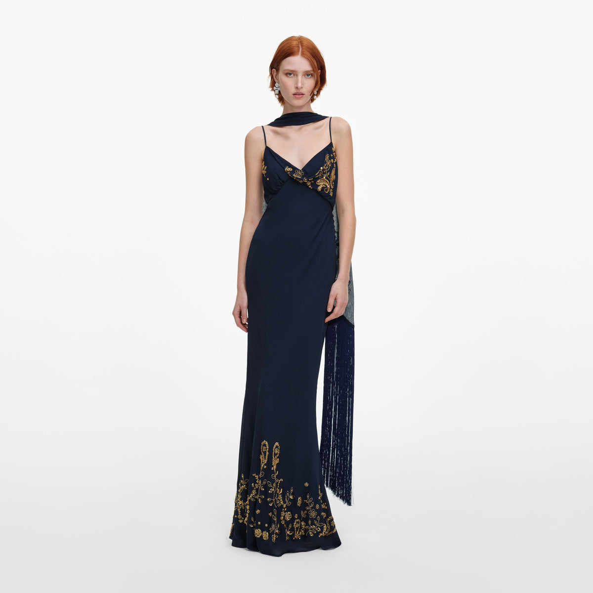 Navy Embellished Georgette Scarf Maxi Dress