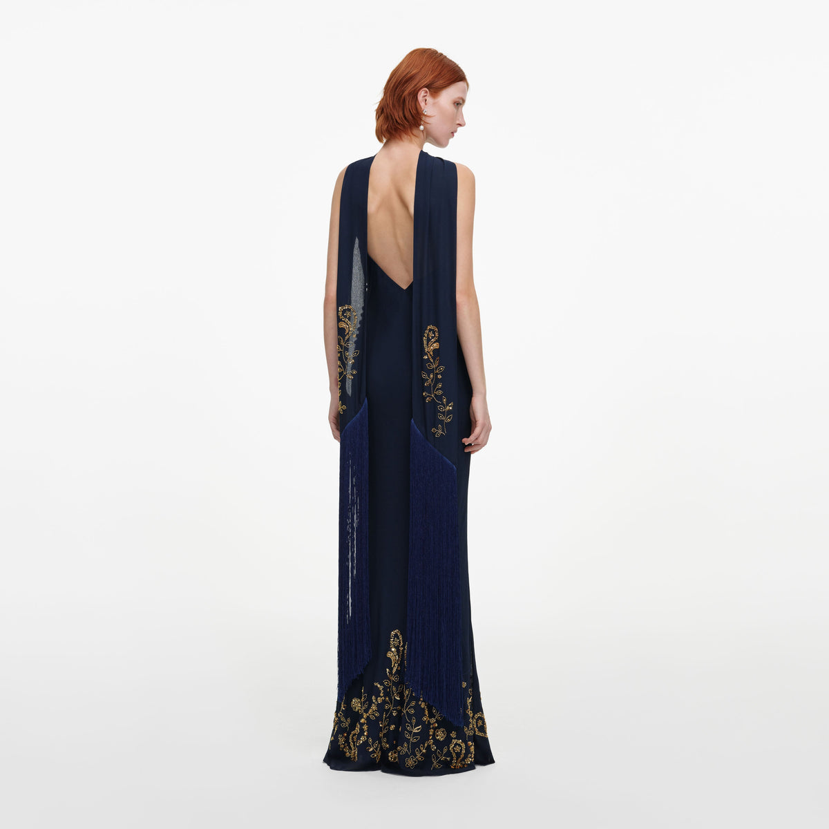 Navy Embellished Georgette Scarf Maxi Dress