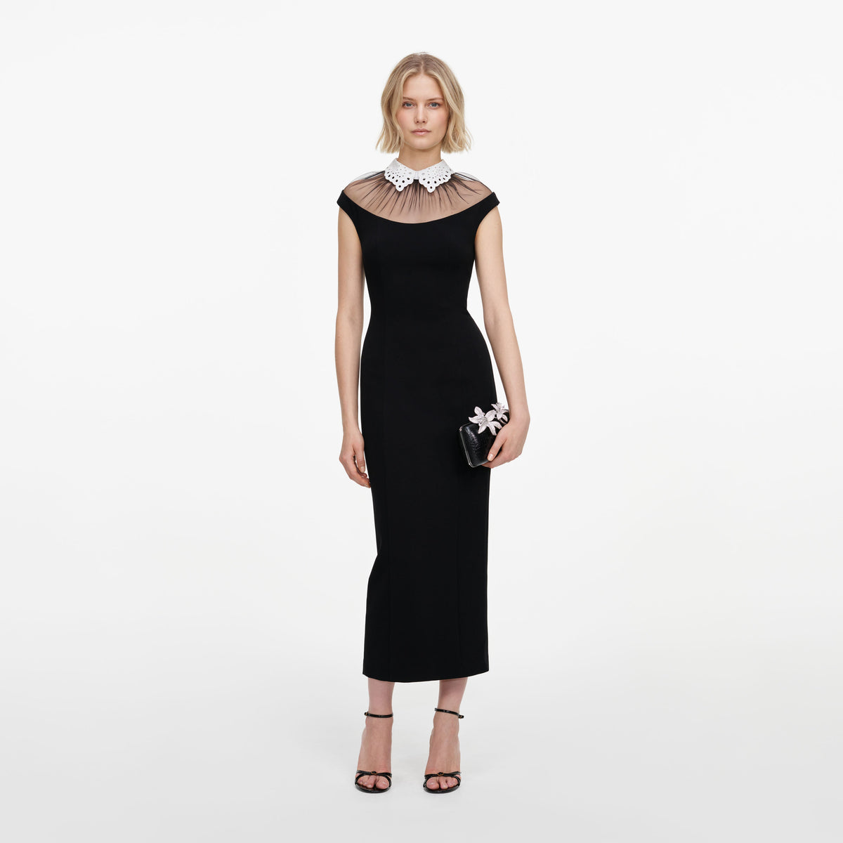 Black Crepe Contrast Collar Midi Dress