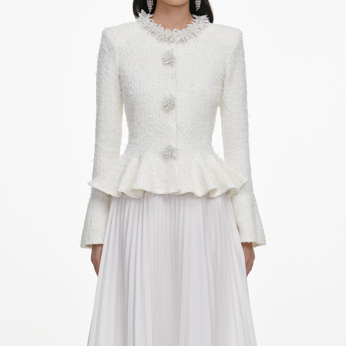 White Textured Knit Chiffon Midi Dress
