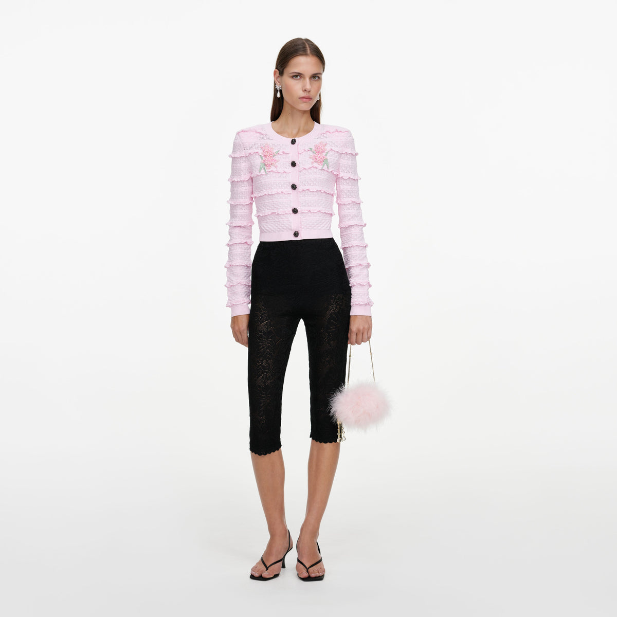 Pink Flower Pointelle Knit Cardigan