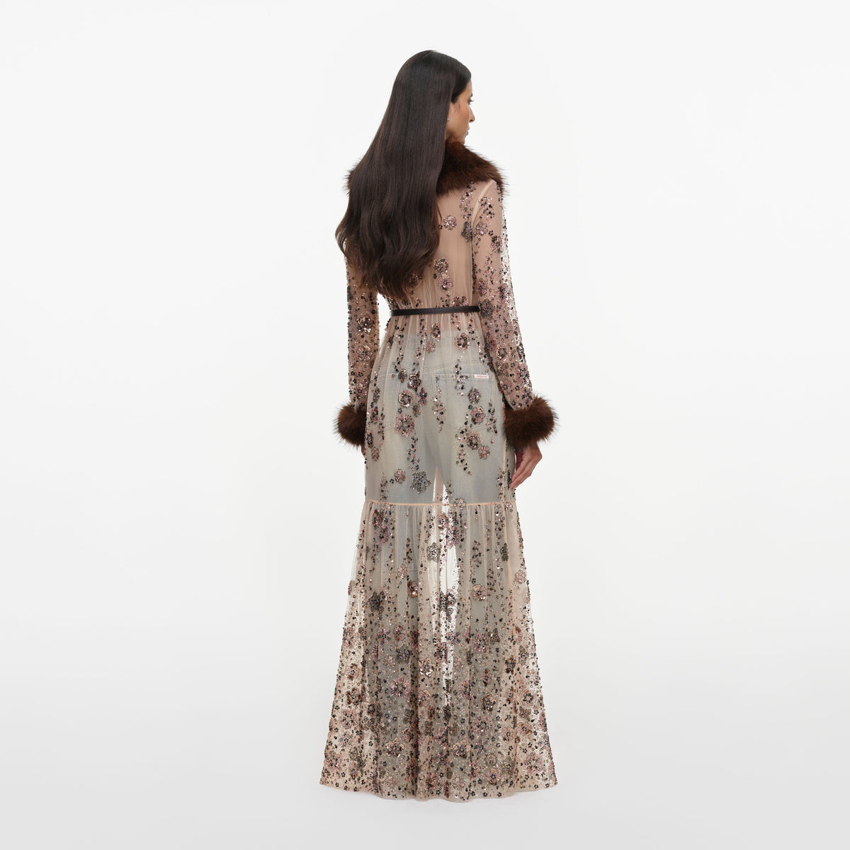Back view of a woman wearing the Beige Sequin Embellished Fur Maxi Dress