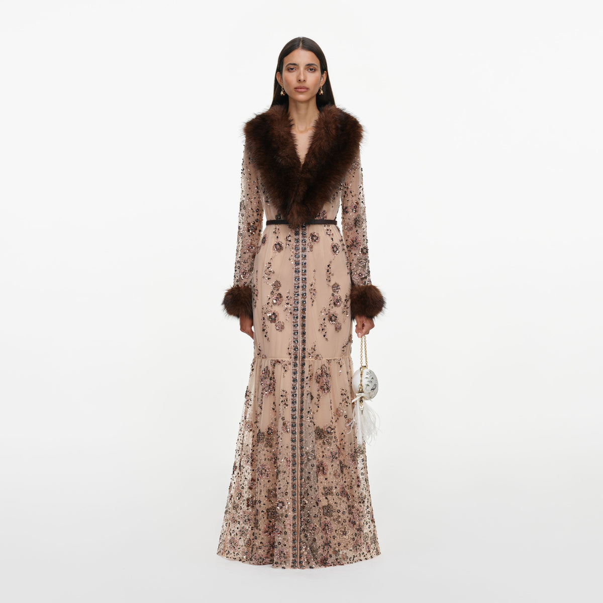 Beige Sequin Embellished Fur Maxi Dress