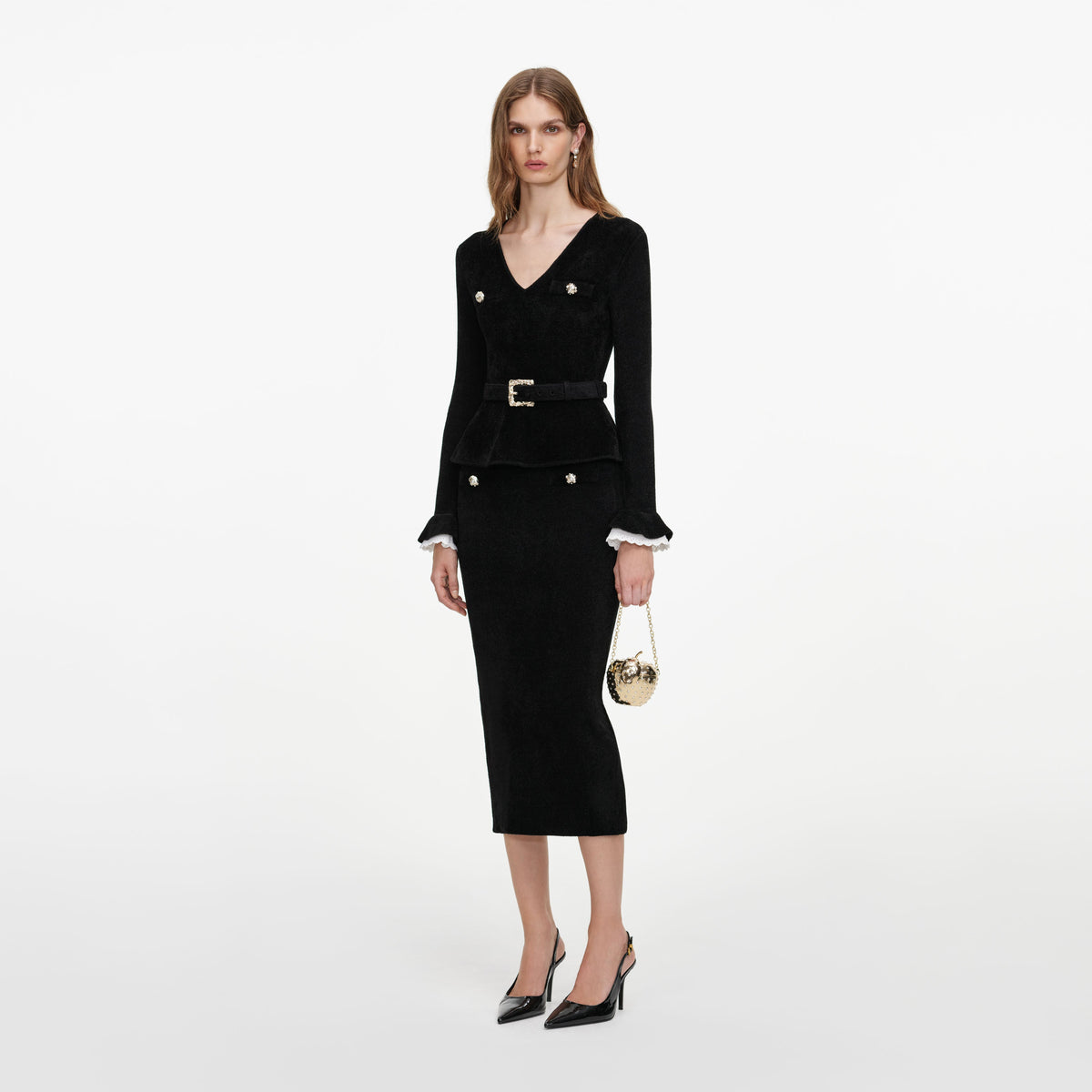 Black Chenille Peplum Knit Midi Dress