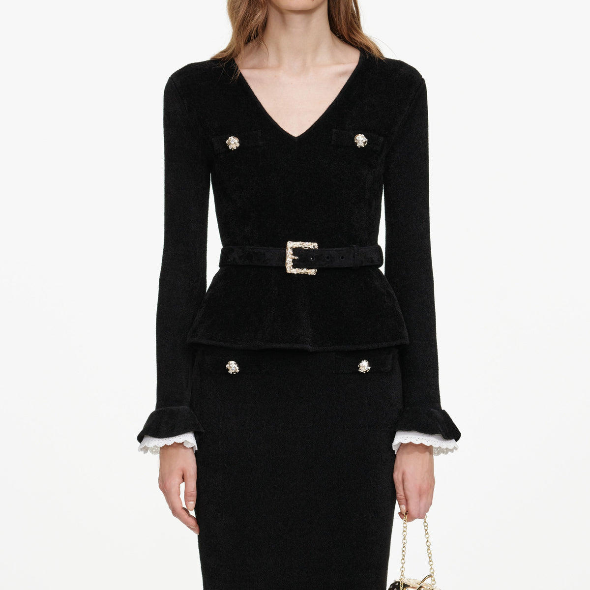 Black Chenille Peplum Knit Midi Dress