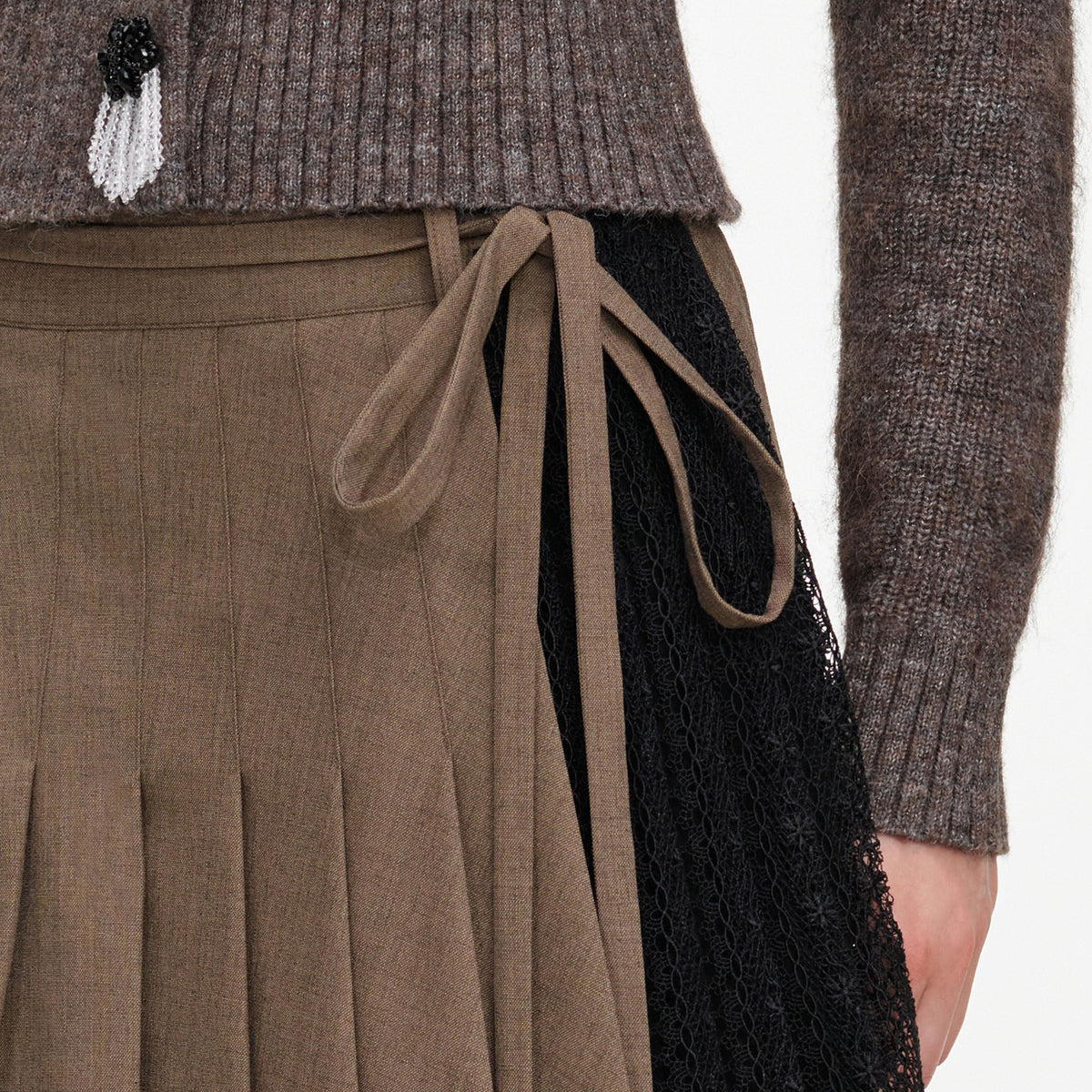 Brown Twill Lace Pleated Midi Skirt