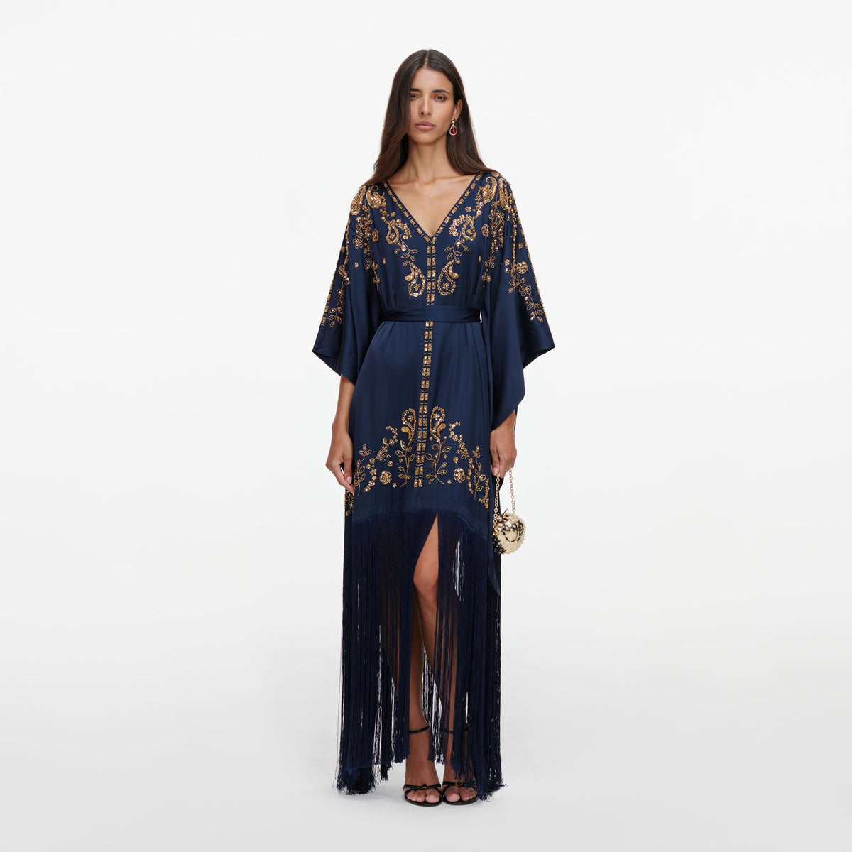 Front view of a woman wearing the Navy Sequin Embroidered Kaftan