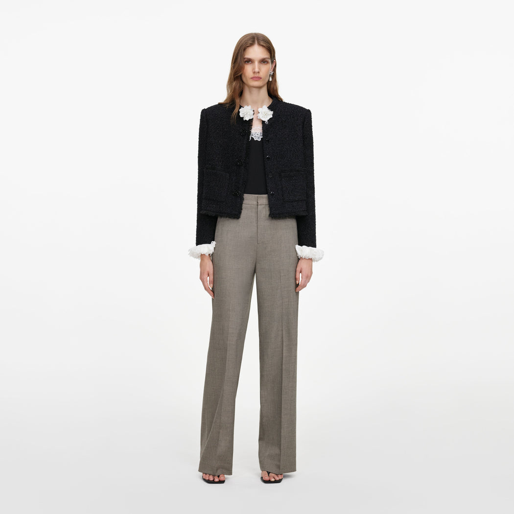 Front view of a woman wearing the Brown Twill Tailored Trousers
