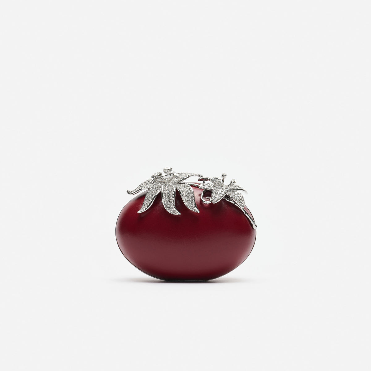 Red Leather Crystal Flower Oval Clutch Bag
