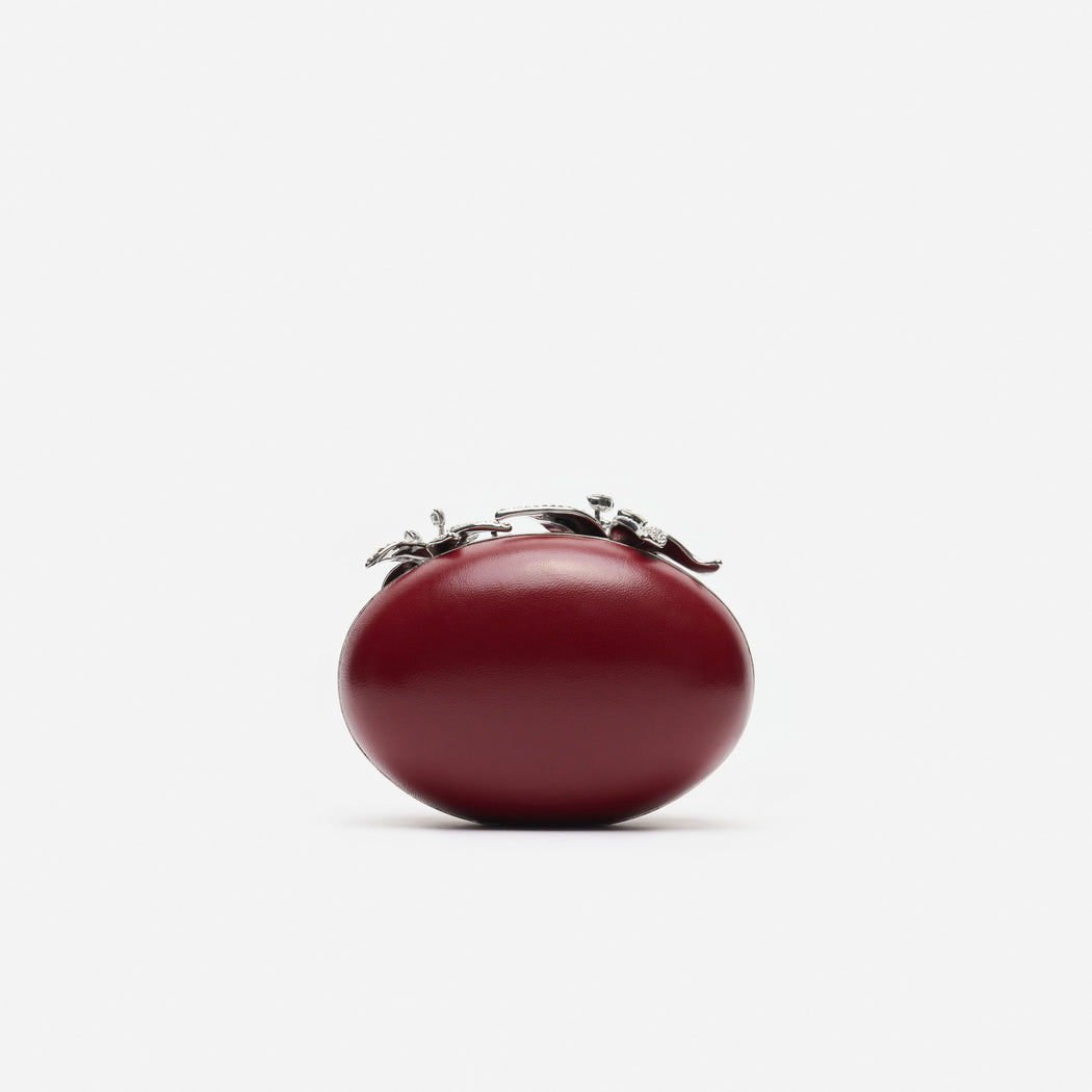 Red Leather Crystal Flower Oval Clutch Bag