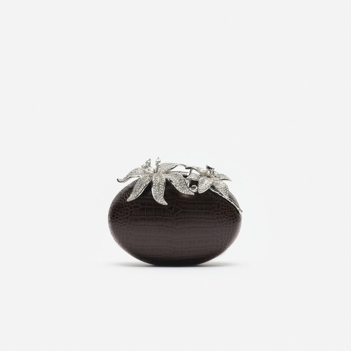 Brown Leather Crystal Flower Oval Clutch Bag