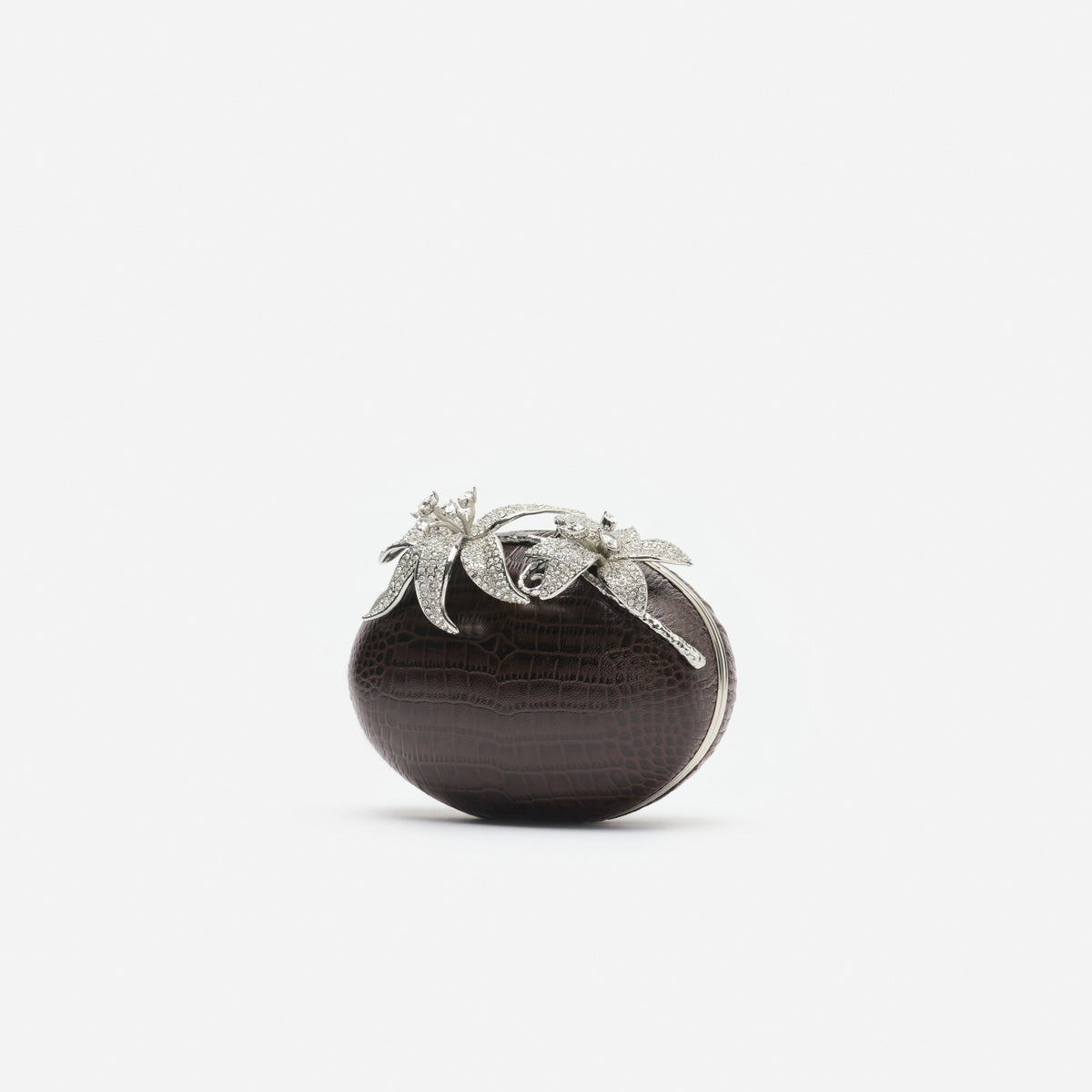 Brown Leather Crystal Flower Oval Clutch Bag