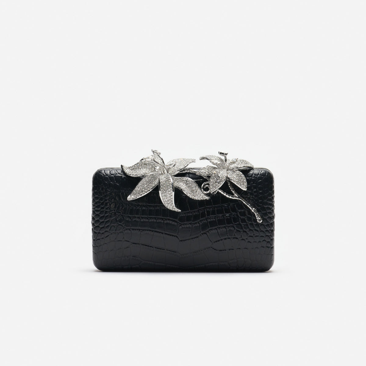 Black Croc Leather Crystal Flower Clutch Bag