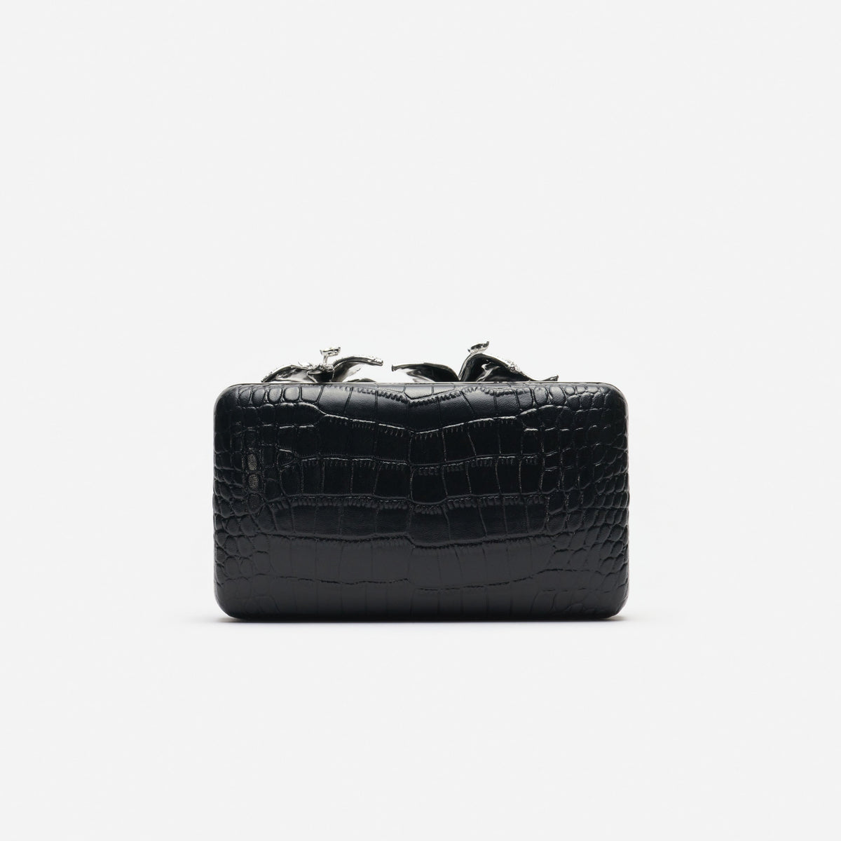 Black Croc Leather Crystal Flower Clutch Bag