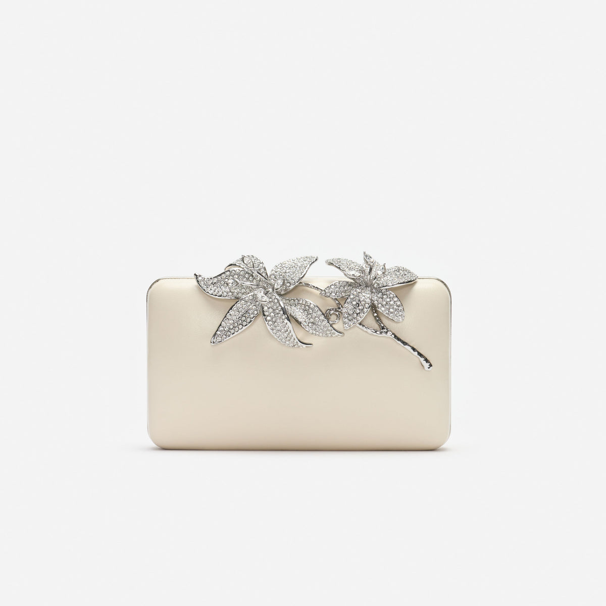 Cream Leather Crystal Flower Clutch Bag