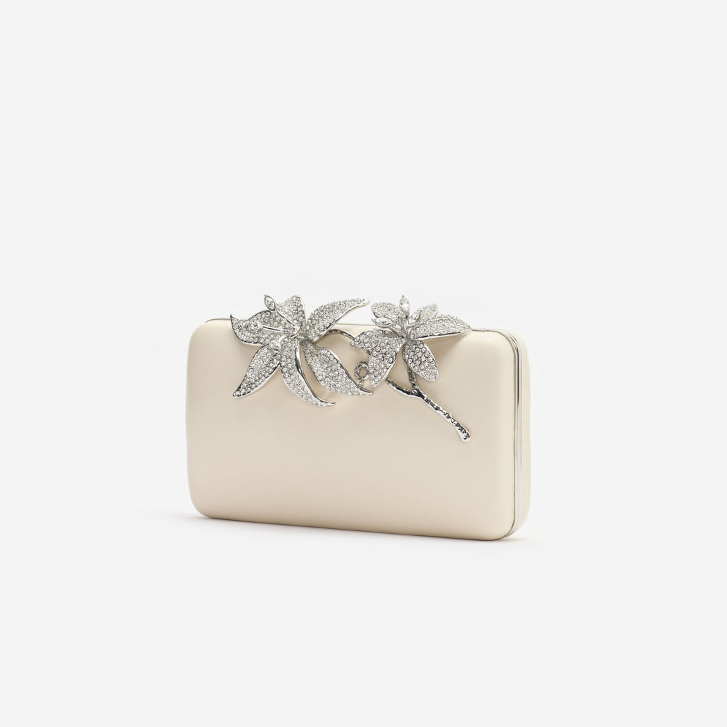 Cream Leather Crystal Flower Clutch Bag