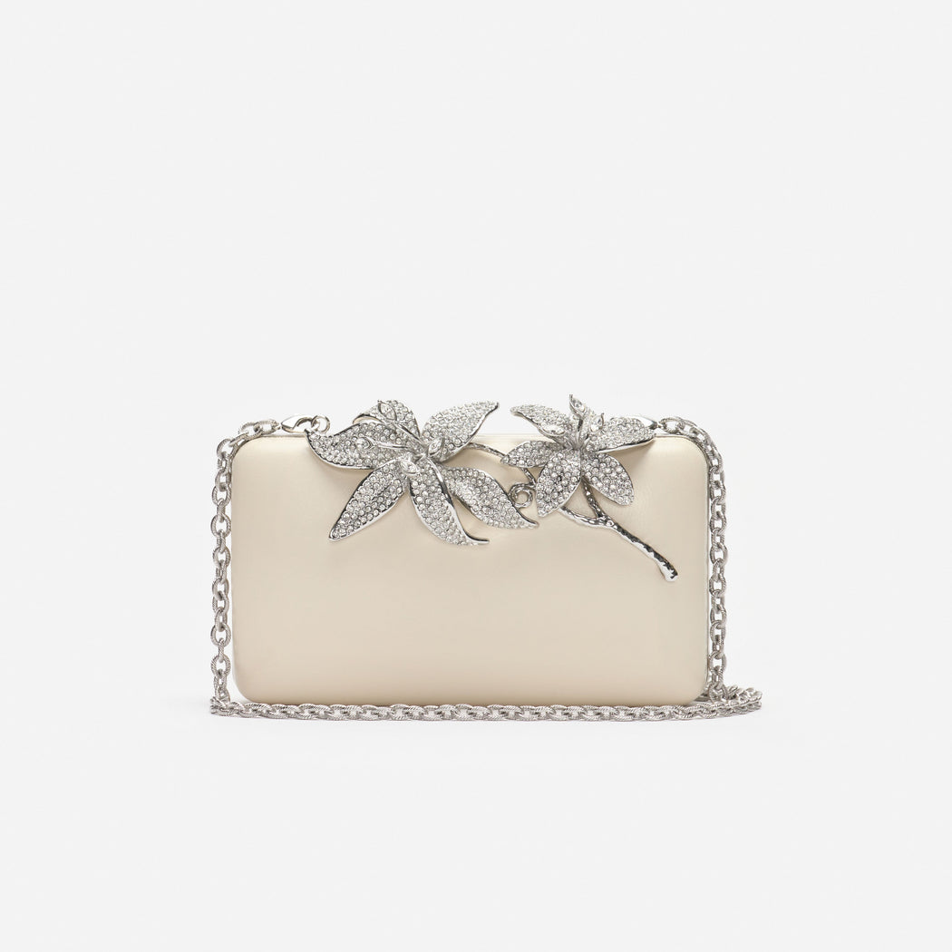 Cream Leather Crystal Flower Clutch Bag