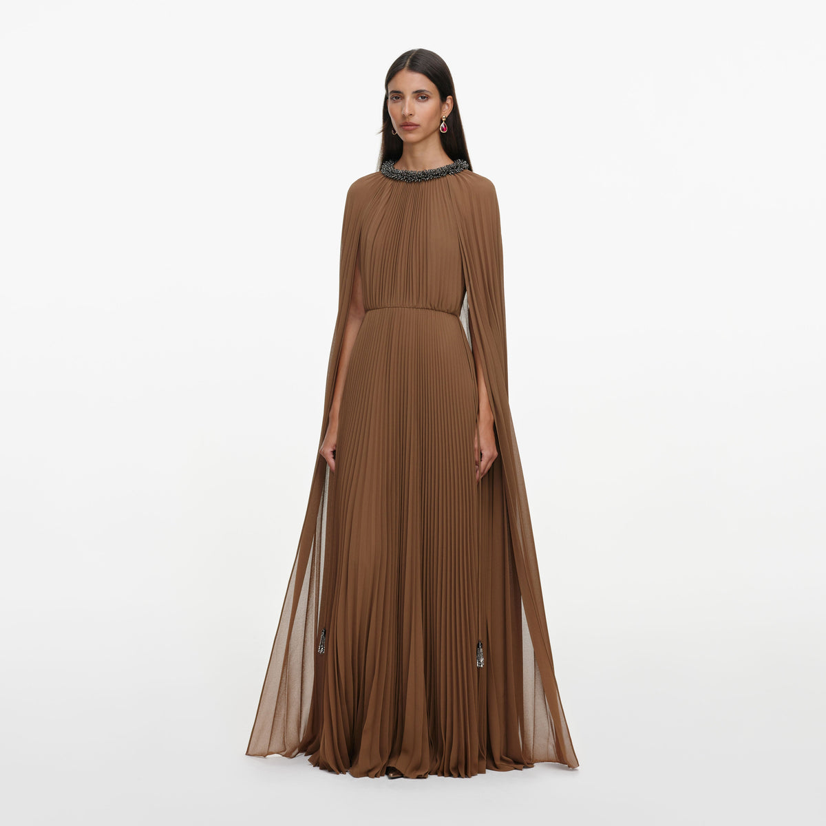 Brown Georgette Cape Maxi Dress