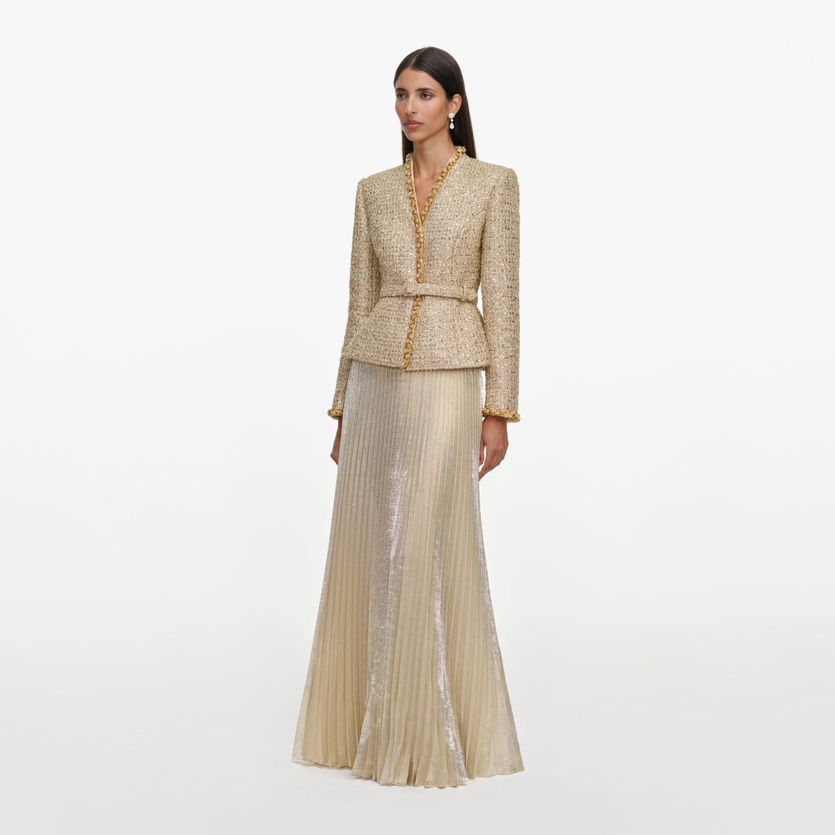 Gold Boucle Pleated Maxi Dress
